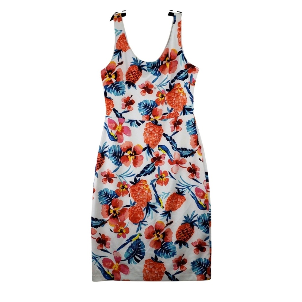 Betsey Johnson Tropical Pineapple Sheath Dress Womens 14 White Floral Summer Mod - Picture 5 of 10